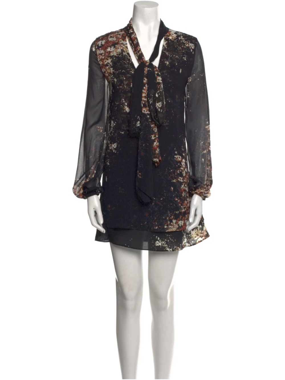INTERMIX Black Sheer Long-Sleeve Mini Dress with Brown and Cream Floral Speckle
